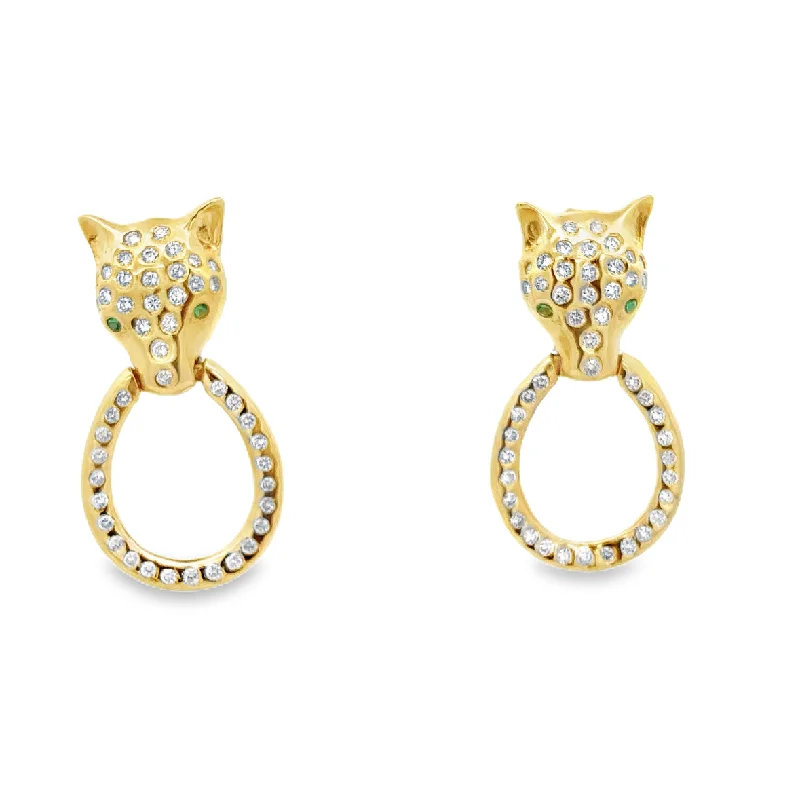 Diamond & Emerald Panther Doorknocker Earrings in Yellow Gold