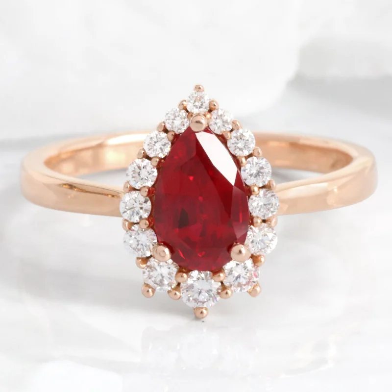 Pear Ruby Engagement Ring in Tiara Halo Diamond Tapered Band