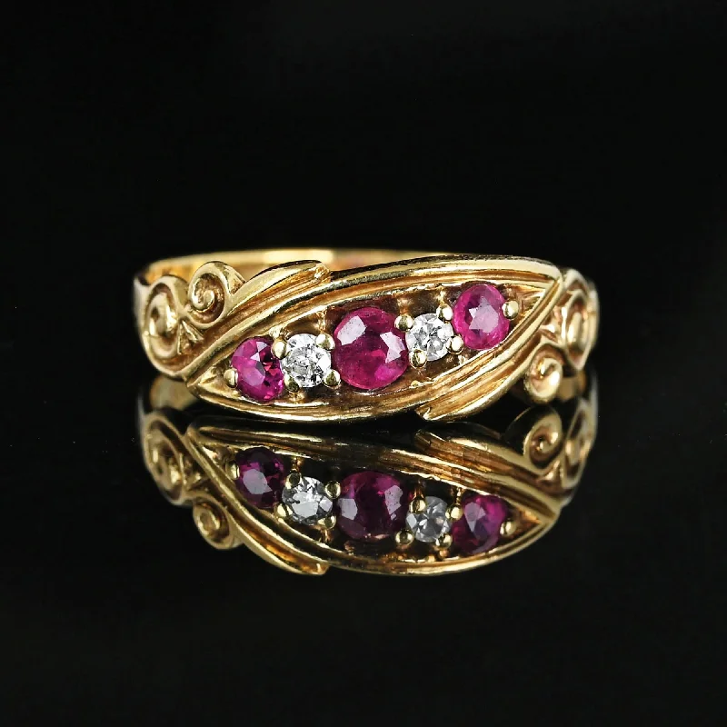 Antique 14K Gold Five Stone Diamond Ruby Ring Band