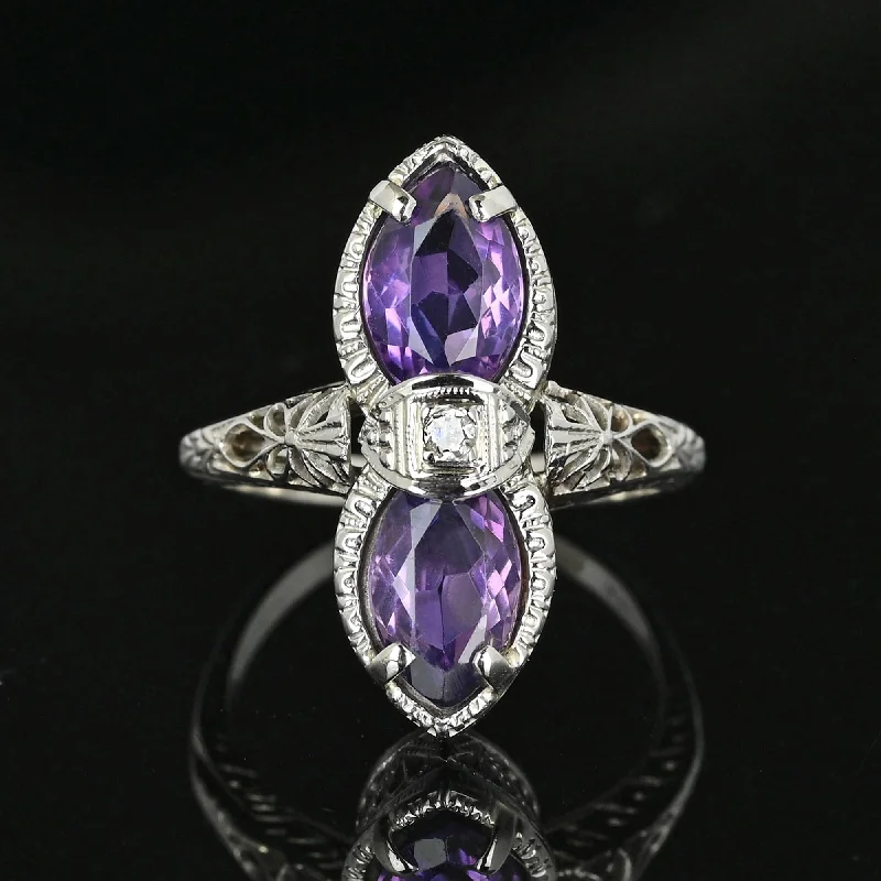 Art Deco 14K White Gold Filigree Diamond Amethyst Ring