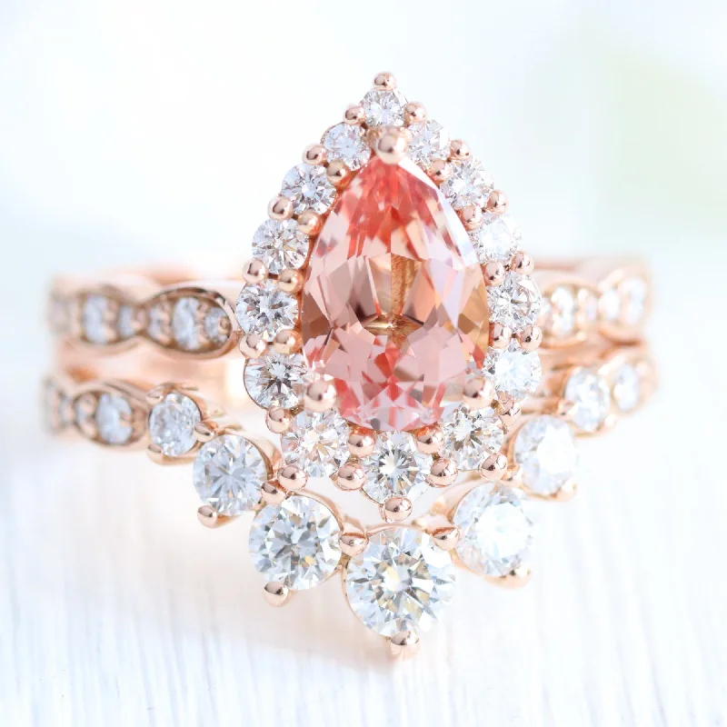 Luxury Meets Affordability – Jewelry Sale Now Live Large Tiara Halo Pear Ring Set w/ Peach Sapphire and Large 7 Diamond U Band