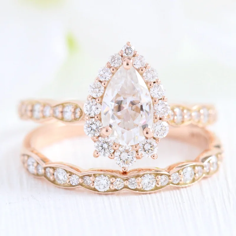 Luxury Jewelry At Unbeatable Discounts Tiara Halo Scalloped Ring Set w/ Pear Moissanite and Matching Diamond Band