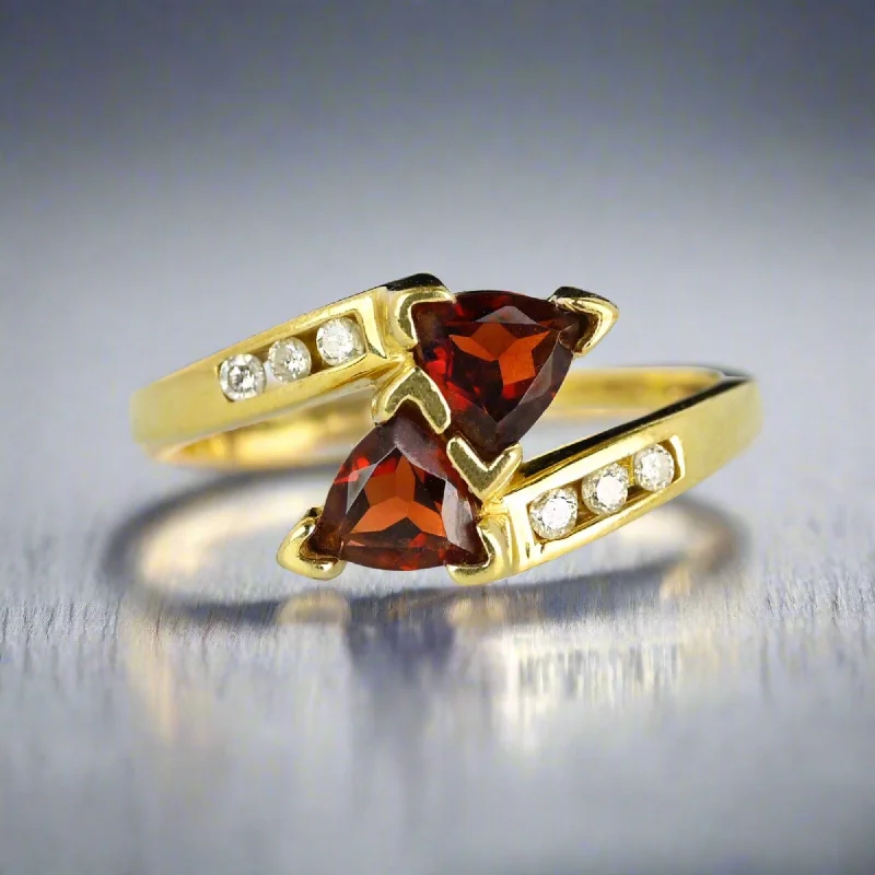 Vintage Gold Bypass Diamond Trillion Cut Garnet Ring