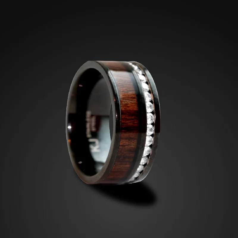 Hawaiian Koa Wood Ring Black Stainless Steel Wood Wedding Band 8mm