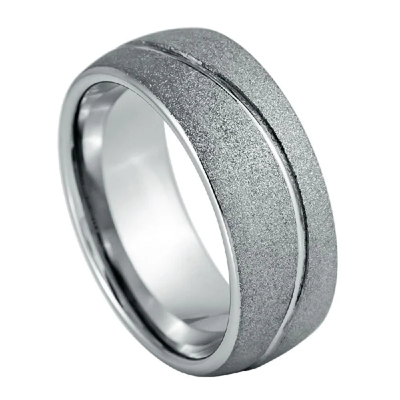 Men's Tungsten Ring with Stoned Frosted Finish and Swirl Center - 8mm