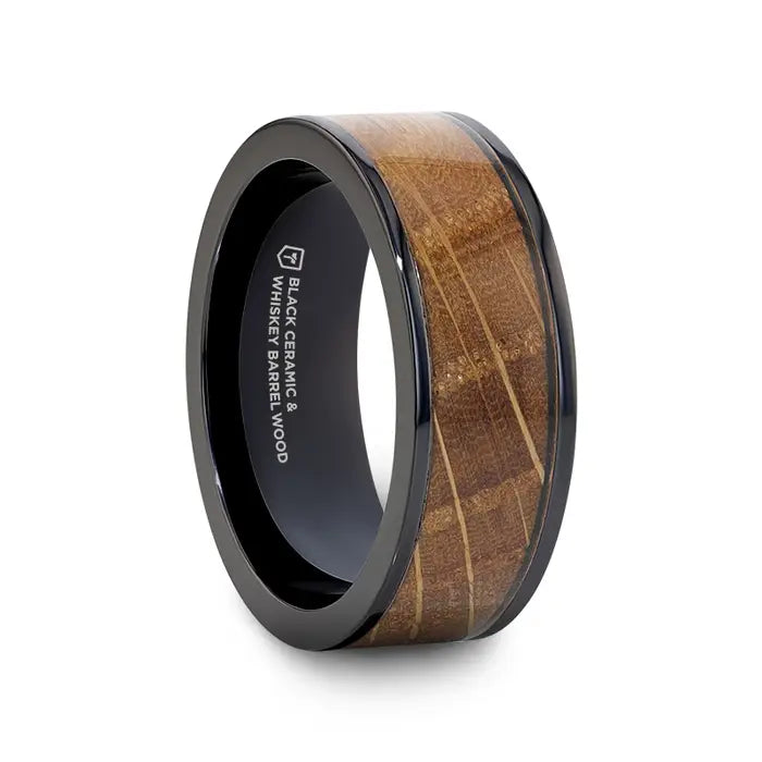 SCOTCH Black Ceramic Ring with Whiskey Barrel Wood Inlay- 8mm