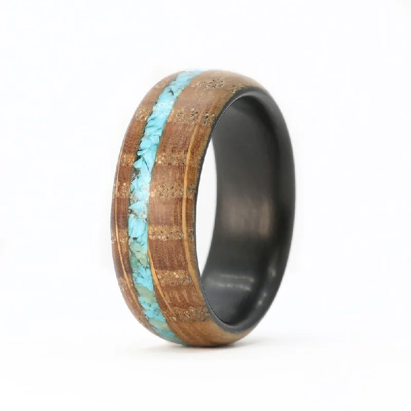 The Cowboy Turquoise Inlay Ring with Whiskey Barrel Wood and Carbon Sleeve