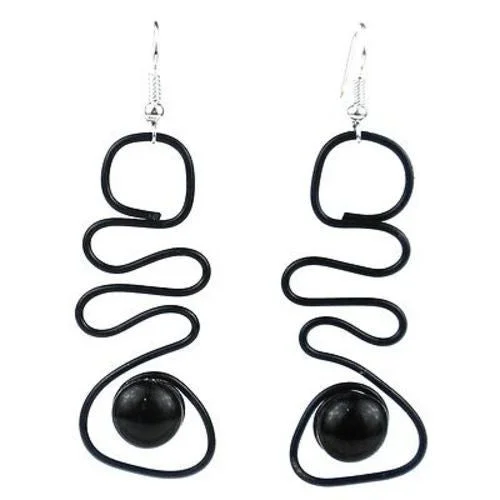 Enameled Wire and Black Glass Bead "Abstract" Earrings - Chilean