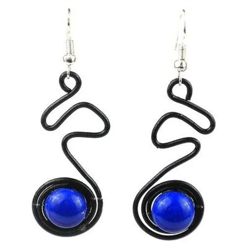 Enameled Wire and Blue Glass Bead "Doodle" Earrings - Chilean