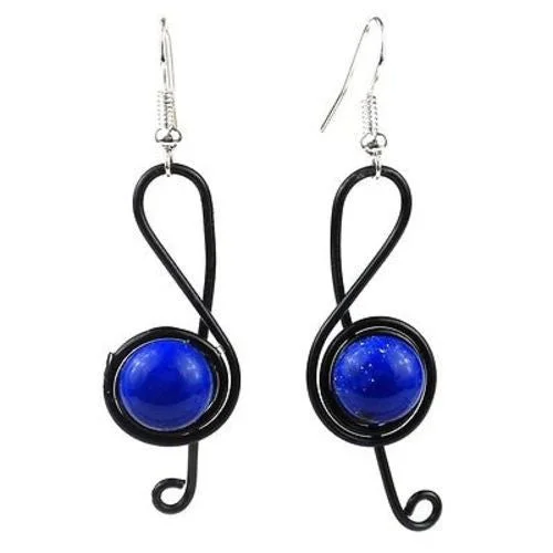 Enameled Wire and Blue Glass Bead "G-clef" Earrings - Chilean