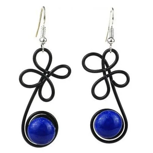 Enameled Wire and Blue Glass Bead "Sprout" Earrings - Chilean