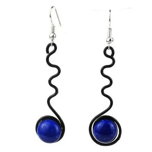 Enameled Wire and Blue Glass Bead "Squiggle" Earrings - Chilean