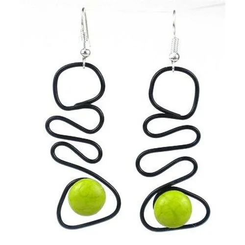 Enameled Wire and Green Glass Bead "Abstract" Earrings - Chilean