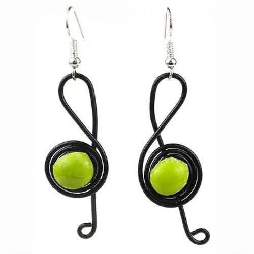 Enameled Wire and Green Glass Bead "G-clef" Earrings - Chilean