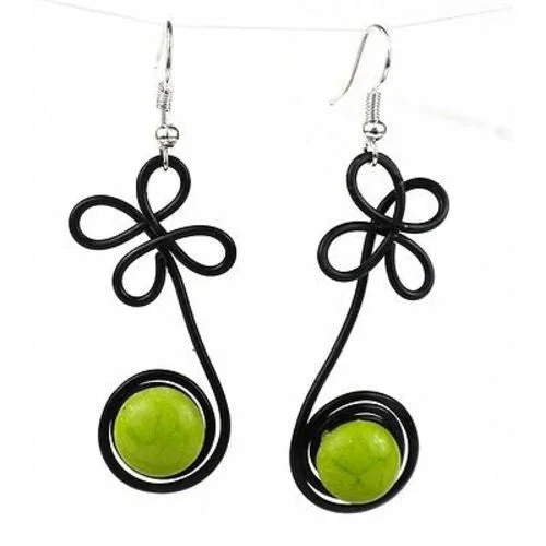 Enameled Wire and Green Glass Bead "Sprout" Earrings - Chilean