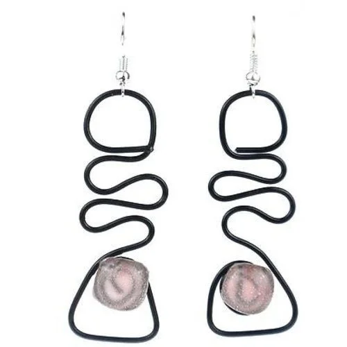 Enameled Wire and Pink Glass Bead "Abstract" Earrings - Chilean