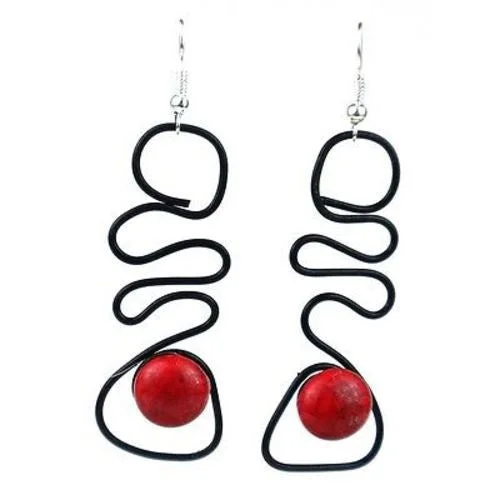 Enameled Wire and Red Glass Bead "Abstract" Earrings - Chilean