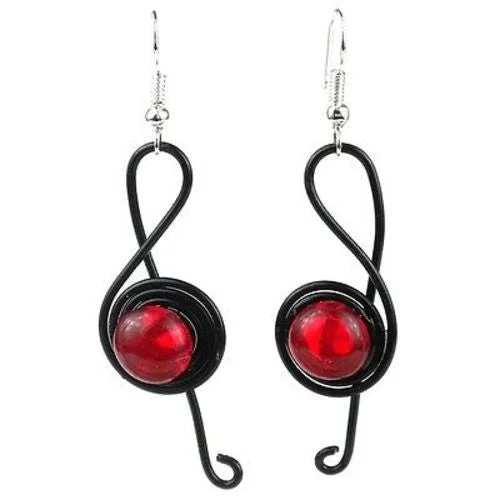 Enameled Wire and Red Glass Bead "G-clef" Earrings - Chilean