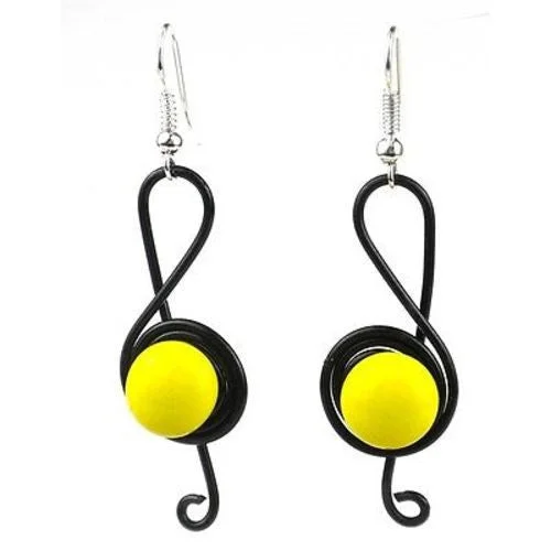 Enameled Wire and Yellow Glass Bead "G-clef" Earrings - Chilean