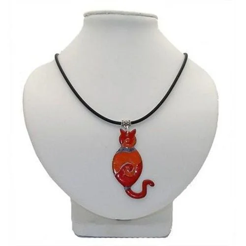 Red Enamel on Copper Cat Pendant Necklace - Chilean