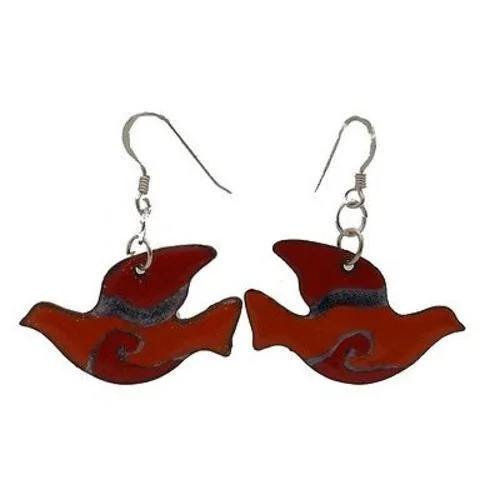 Red Enamel on Copper Peace Dove Earrings - Chilean