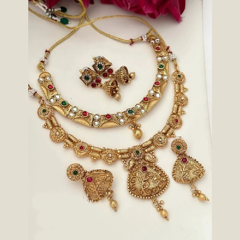 Shop Modern Jewelry Collections With Exclusive Discounts FS Collection Gold Plated Pota Stone Double Necklace Set