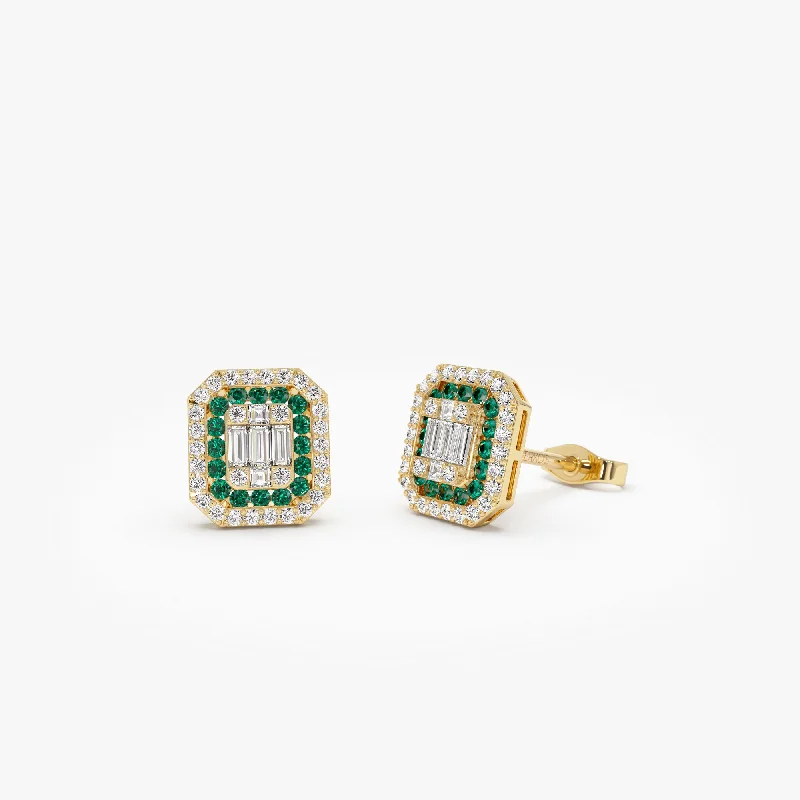 Save On Luxury Jewelry Pieces – Limited-Time Offers 14k Baguette and Round Emerald Studs Halo Setting