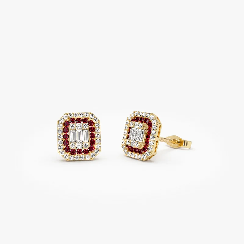 Jewelry Sale Alert – Shop Timeless Elegance Today 14k Baguette and Round Ruby Studs Halo Setting