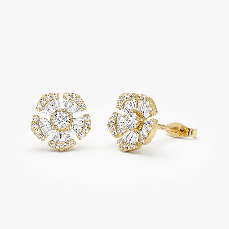 Discounted Jewelry For A Glamorous Look 14k Baguette & Round Diamond Unique Flower Earrings