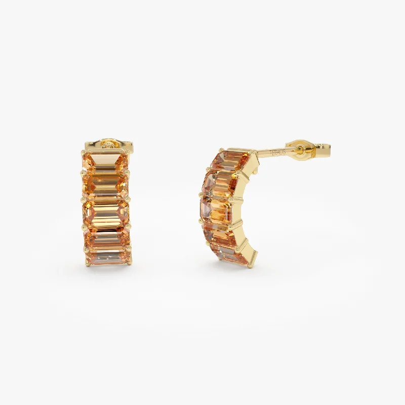 Classic And Modern Jewelry Styles On Sale 14K Emerald Cut Citrine Half Hoop Earrings