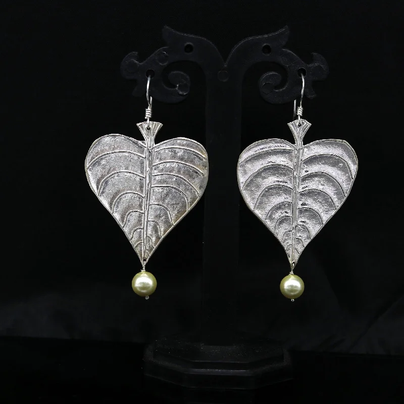 Upgrade Your Collection With Our Limited-Time Jewelry Sale 925 sterling silver handmade peepal tree leaf earring with pretty hanging pearl, excellent customized hoops earring summer collection ear490