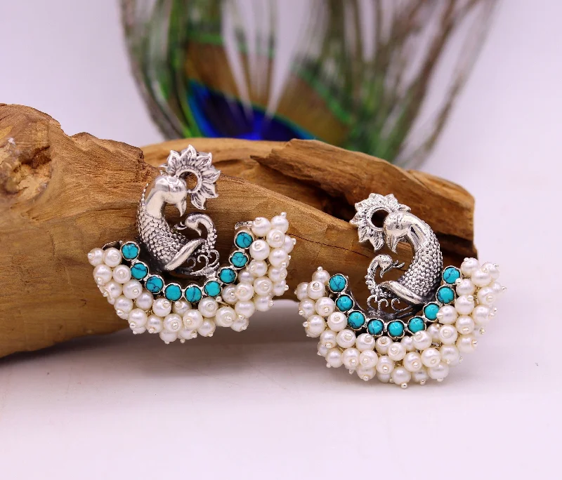 Shop Trending Jewelry With Exclusive Savings 925 sterling silver handmade vintage antique design peacock stud earring fabulous hanging pearl and turquoise stone earring jewelry s704