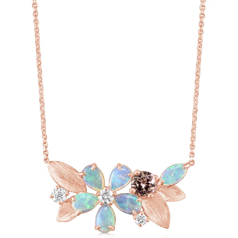 14K Rose Gold Australian Opal/ Lotus Garnet/Diamond Flower Neckpiece