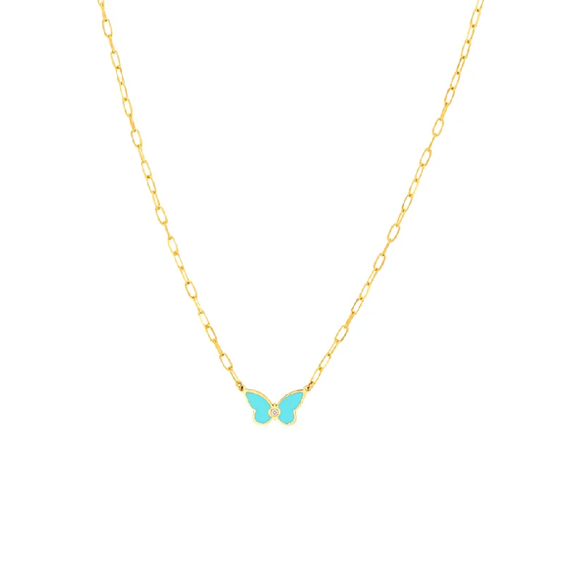 Shop Stylish Jewelry Now And Save Big 14K Yellow Gold Turquoise Enamel Butterfly Necklace