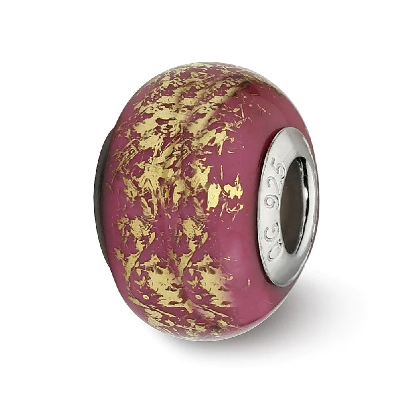 Dark Pink w/Gold Foil Ceramic & Sterling Silver Bead Charm, 14mm