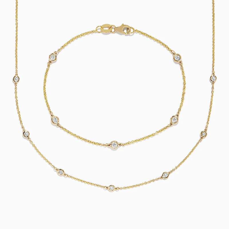 D'Oro 14K Gold Diamond Station Necklace and Bracelet Set 0.59 TCW