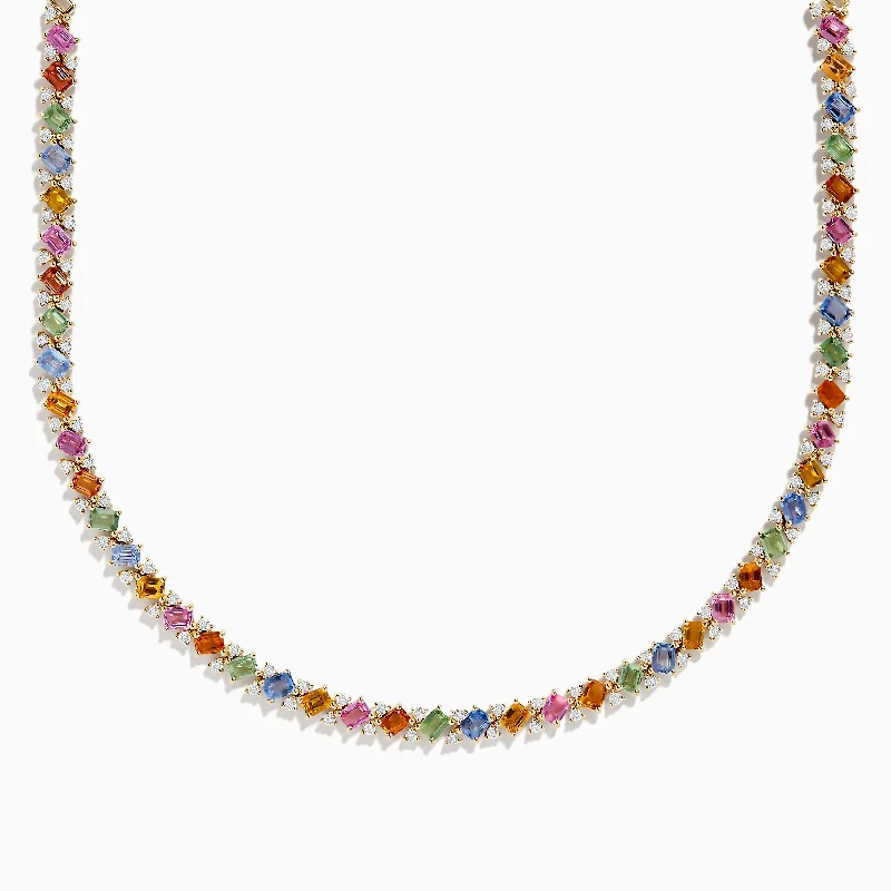 Customized Silver Jewelry For Unique Style Watercolors 14K Yellow Gold Multi Sapphire and Diamond Necklace