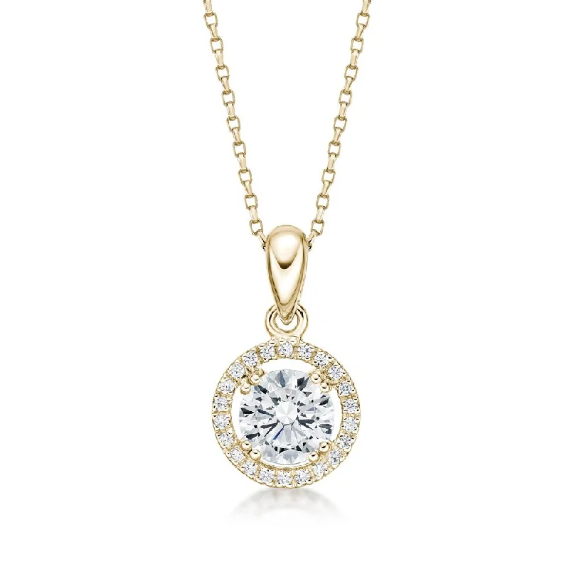 Seasonal Jewelry Deals – Elevate Your Style Halo pendant with 1.16 carats* of diamond simulants in 10 carat yellow gold