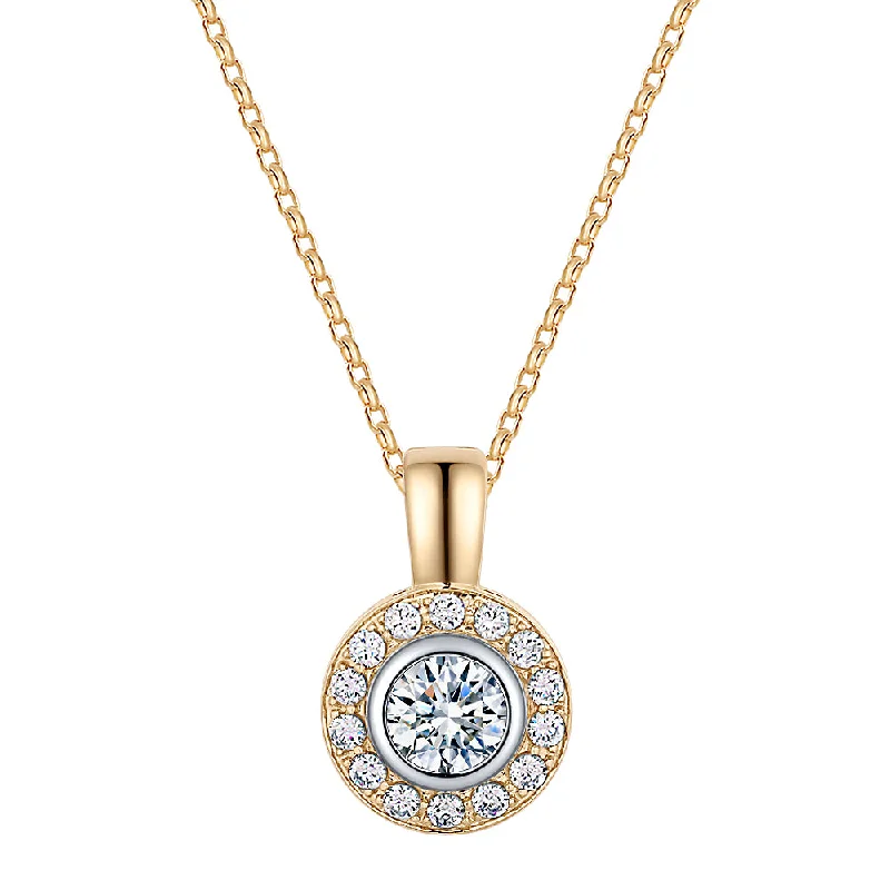 Trending Jewelry Styles Now At Limited-Time Discounts Halo pendant with 1.45 carats* of diamond simulants in 10 carat yellow and white gold