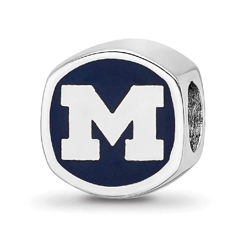 Sterling Silver Rhodium Plated U of Michigan Enamel Cushion Bead Charm