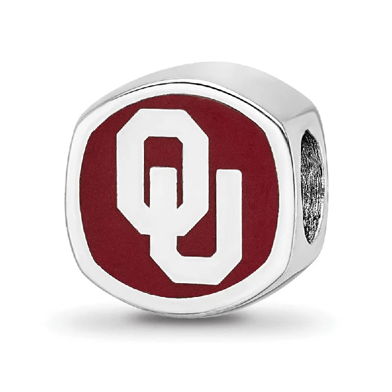 Sterling Silver Rhodium Plated U of Oklahoma Enamel Cushion Bead Charm