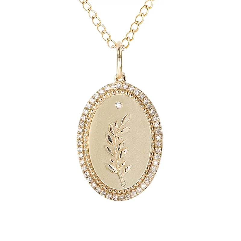 Medium "Olive Branch" Pendant with Pave Diamond Border