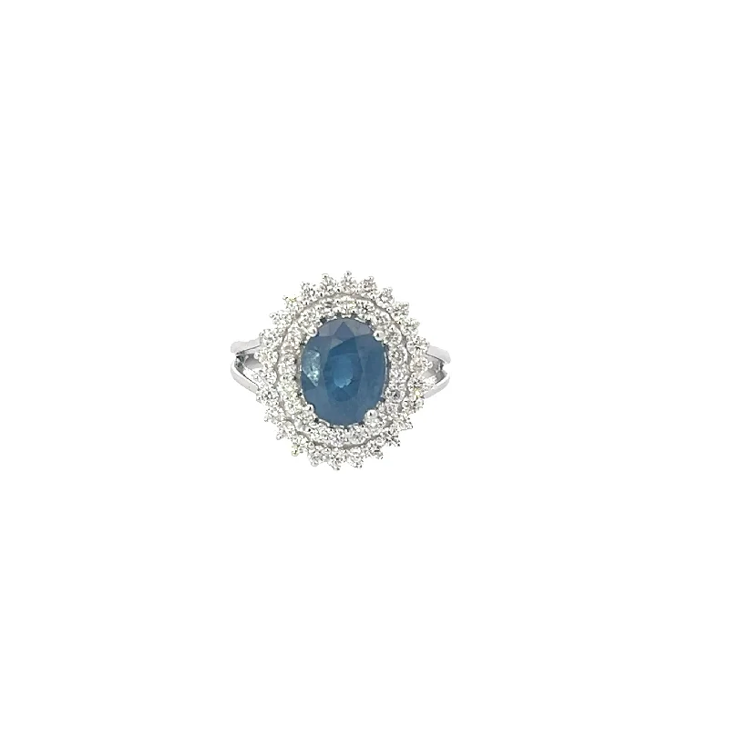 14k White Gold Oval Sapphire Ring with Double Diamond Halo