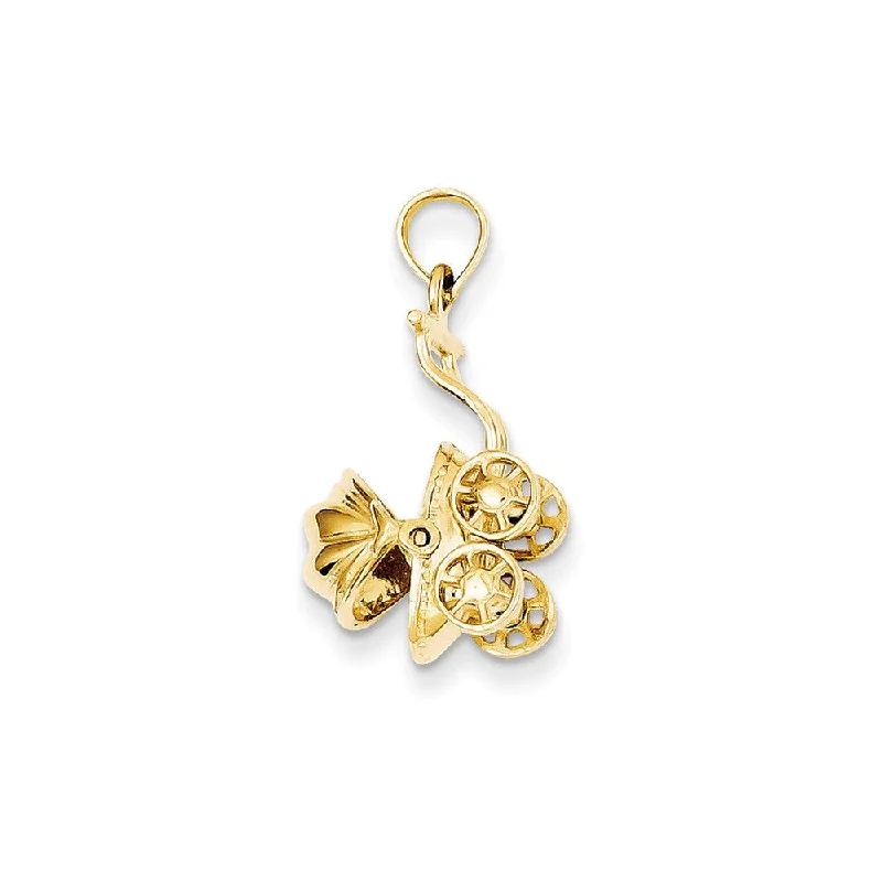 14k Yellow Gold 3D Baby Carriage Pendant, 13 x 23mm