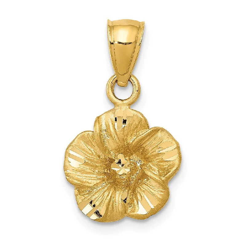 14k Yellow Gold 3D Satin & Diamond Cut Hibiscus Pendant, 12mm