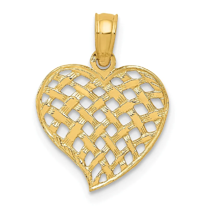 14k Yellow Gold Basket Weave Heart Pendant, 13mm