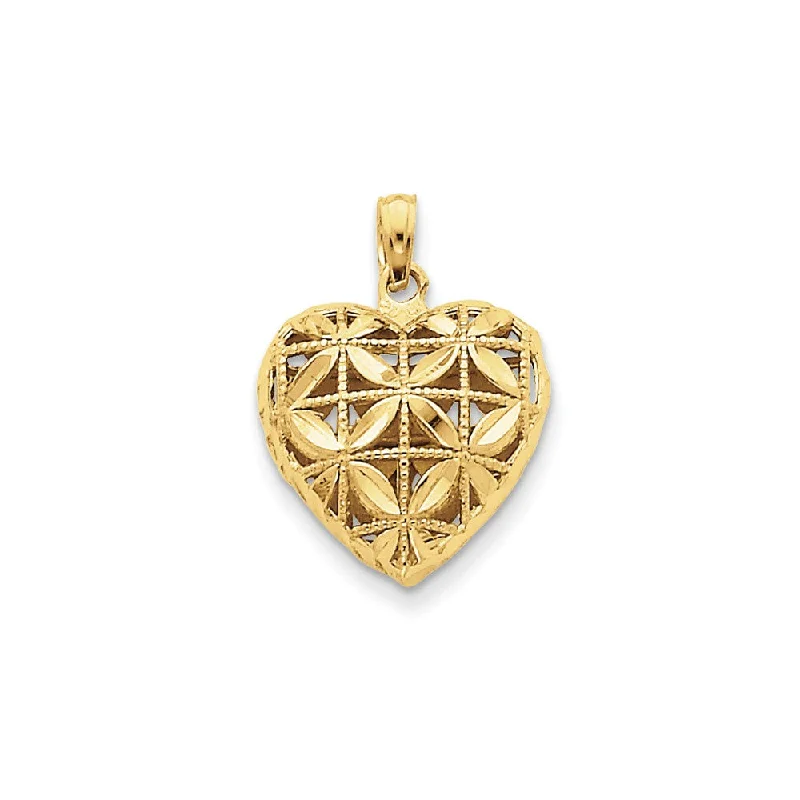 14k Yellow Gold Diamond Cut Open Puffed Heart Pendant, 16mm