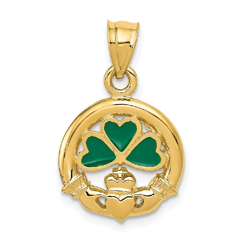 14k Yellow Gold Green Enamel Clover & Claddagh Pendant, 14mm