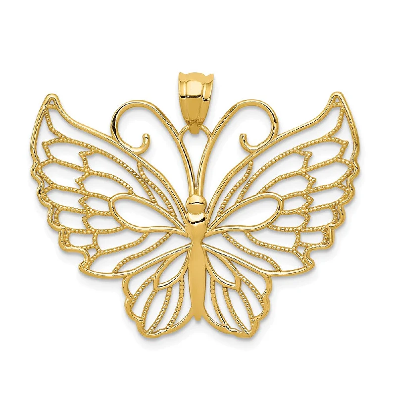 14k Yellow Gold Large Filigree Butterfly Pendant, 35mm (1 3/8 inch)