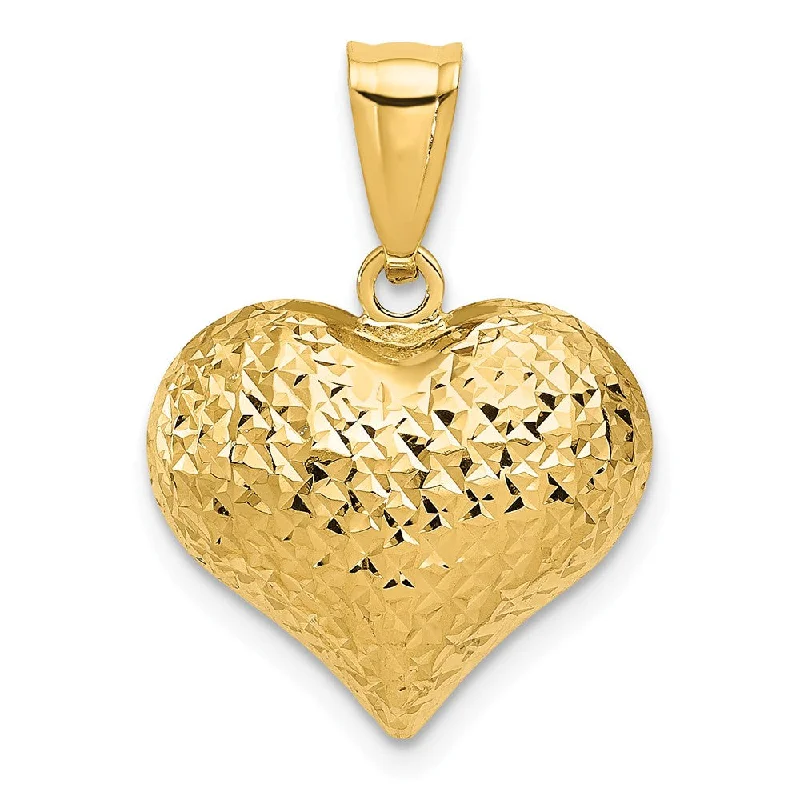 14k Yellow Gold Semi Solid Diamond Cut Puffed Heart Pendant, 16mm